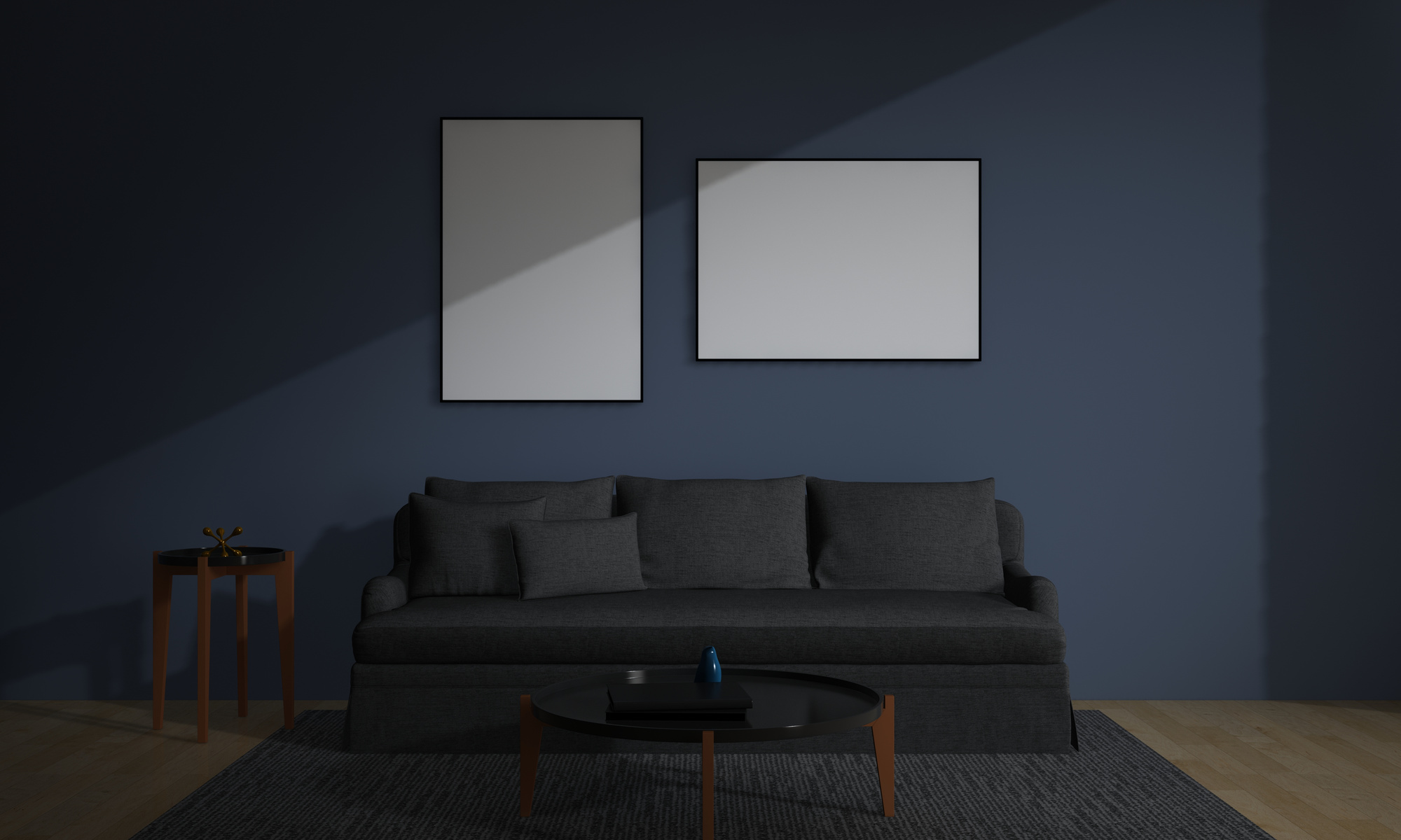 Two Blank Frames Above the Modern Sofa INdoors