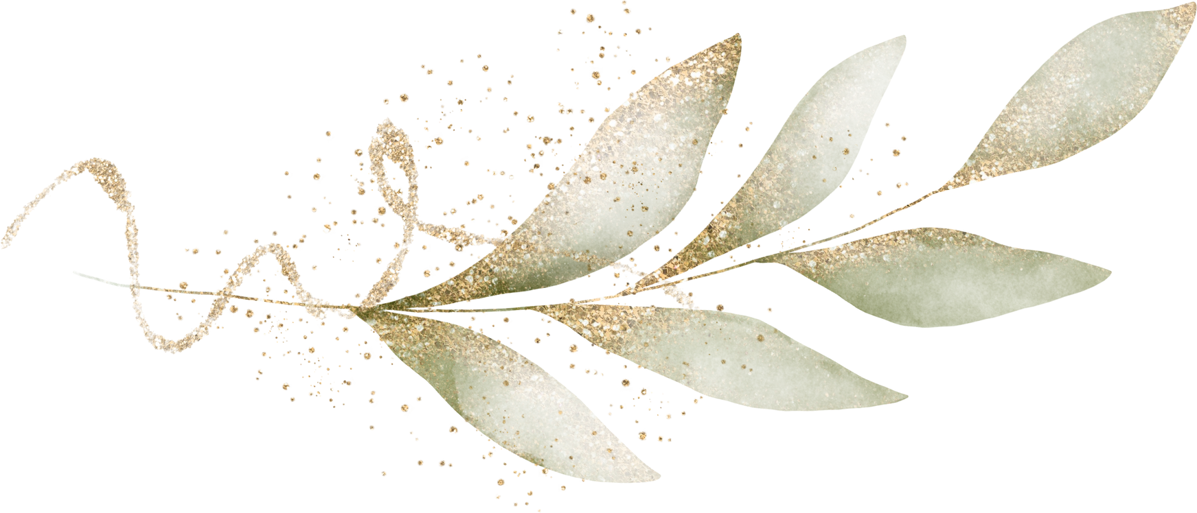 Green watercolor leaves with gold and glitter splatter